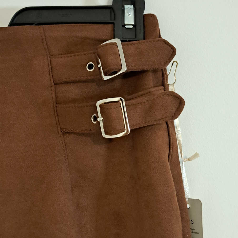 Iris Basic Brown Double Buckle Unlined Mini Skirt… - image 4